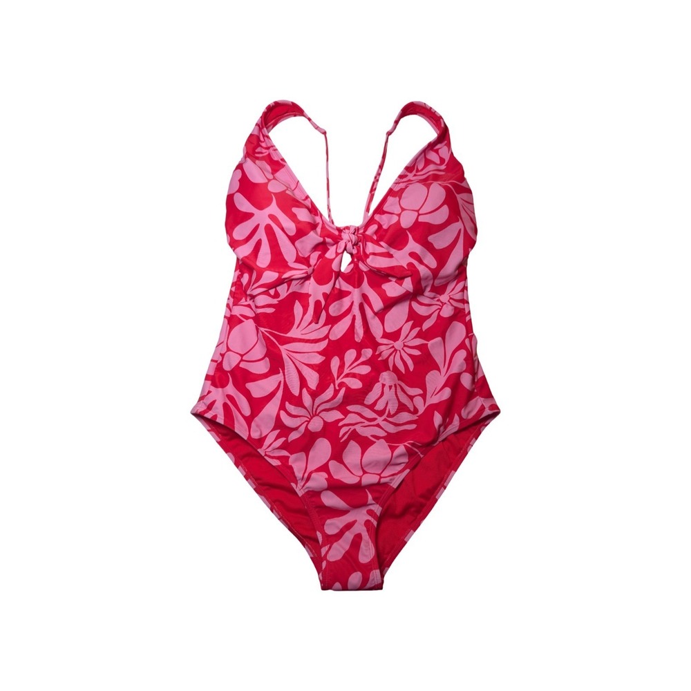 ⭐D5 Women's Keyhole High 1 Piece Swimsuit Red & Pink Flower Shade & Shore - XS